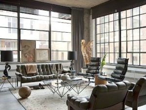 Stylish living room with furniture and glass window